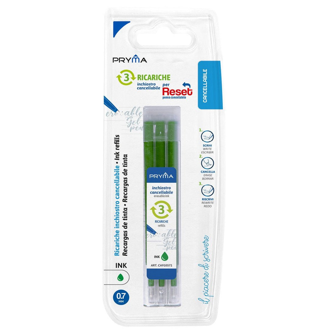 Reset Penna Cancellabile Termica, Ricaricabile, Inchiostro Gel, Tappo Clip 0.7 mm, per Scuola e Ufficio (Verde, Ricariche)