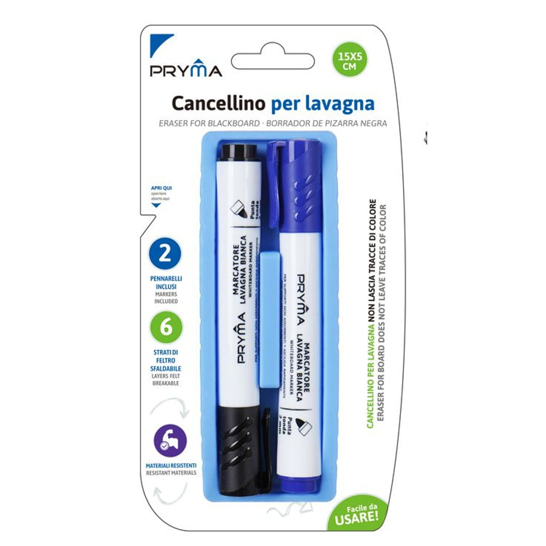 Cancellino per Lavagna Bianca + 2 Pennarelli Cancellabili (Blu e Nero)