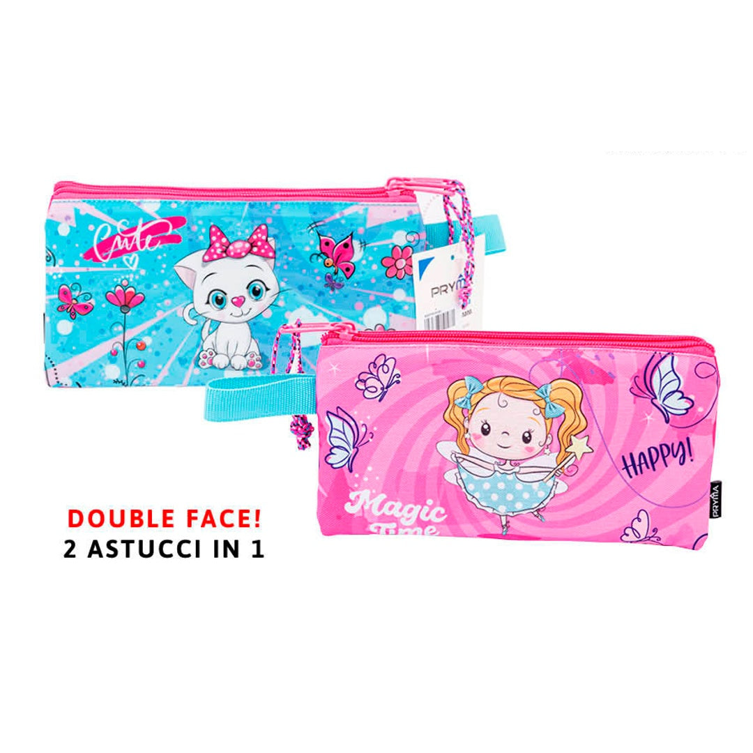 Astuccio Slim, Double Face, Doppia Zip, Portapenne Slim per Scuola Elementare e Infanzia, 1 Zip, Bimba Ballerina e Gatto