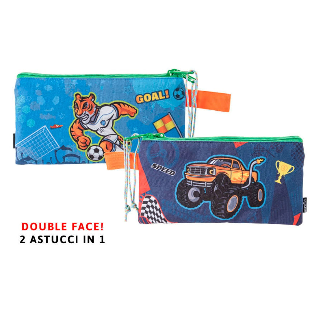 Astuccio Slim, Double Face, Doppia Zip, Portapenne Slim per Scuola Elementare e Infanzia, 1 Zip, Bimbo Tigre e Macchina