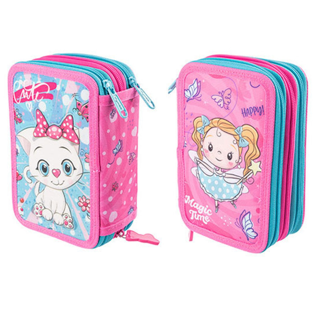 Astuccio 3 Scomparti, Double face, per Scuola Infanzia Elementari, Pieno Con Accessori Scuola e 18 Pennarelli Giotto Turbo Color, 3 Zip (Bimba Ballerina e Gatto)