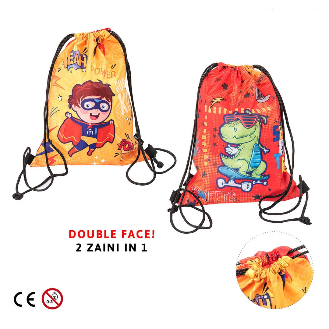 Zaino Sacco Double Face, Scuola Dell'Infanzia e Asilo, Sacca Portatutto, (Eroe e Dinosauro)