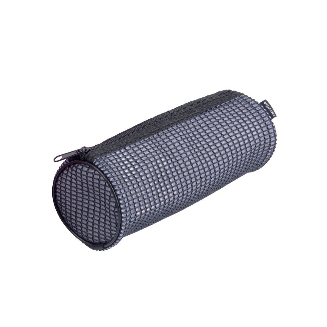 PRYMA Astuccio Cilindrico in Tessuto Mesh Nero, 21x8cm – Portapenne a Tombolo con Cerniera Fluo, Organizer Traspirante e