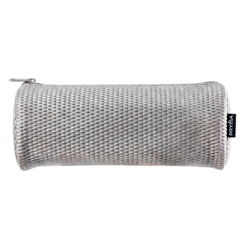 PRYMA Astuccio Cilindrico in Tessuto Mesh Grigio, 22x8cm – Portapenne a Tombolo con Cerniera, Organizer Traspirante e Ca