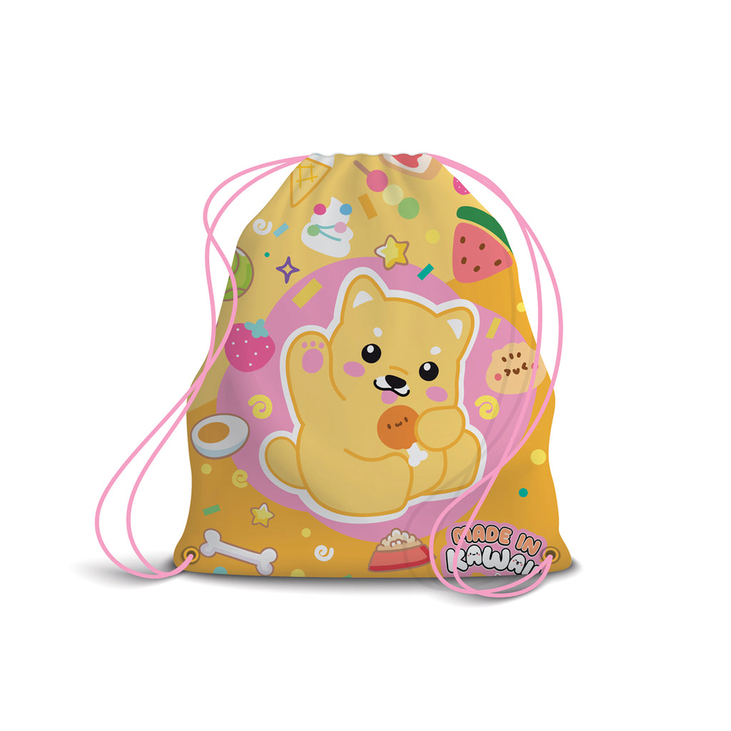 PRYMA Zaino a Sacco Kawaii Giallo e Rosa (Cagnolino), 25 x 35 cm – Sacchetta Coulisse Portascarpe e Cambio per Asilo, Sc