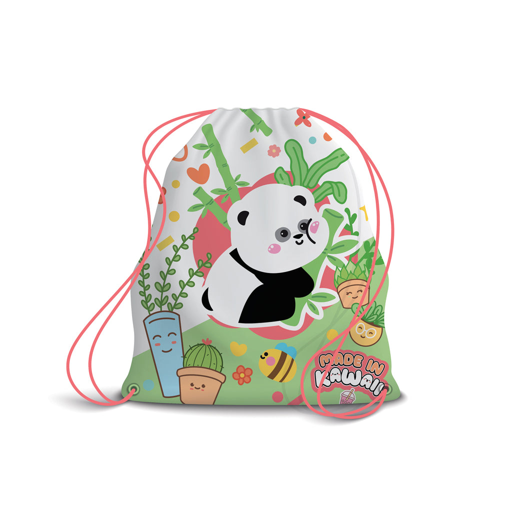 PRYMA Zaino a Sacco Kawaii Verde e Bianco (Panda), 25 x 35 cm – Sacchetta Coulisse Portascarpe e Cambio per Asilo, Scuol